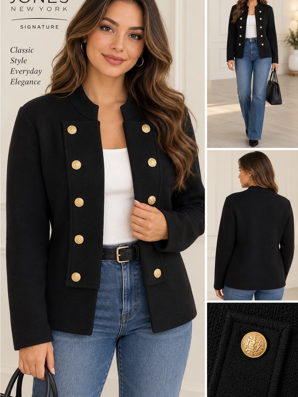 NWT Jones New York Signature XL Black Military Cardigan Jacket Gold Buttons